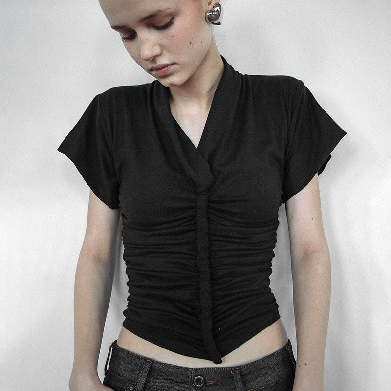 New Solid Color And V-neck Sexy Symmetrical Pleated Short Sleeve