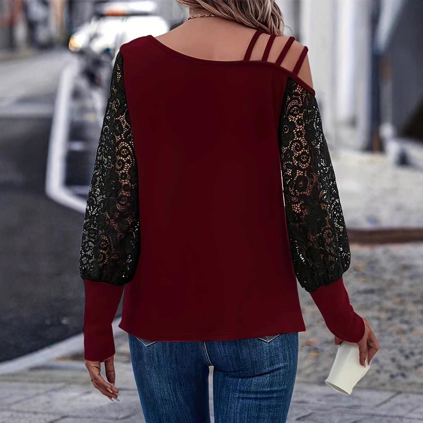 Womens Loose Red Lace-Panel Long-Sleeve T-Shirt