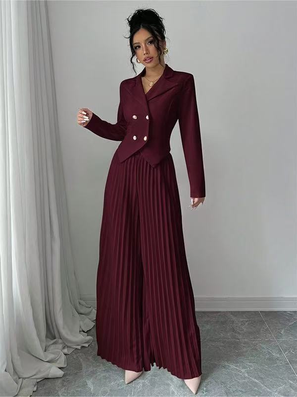Fashionable Pleated Culotte Two-Piece Pants Set For Women