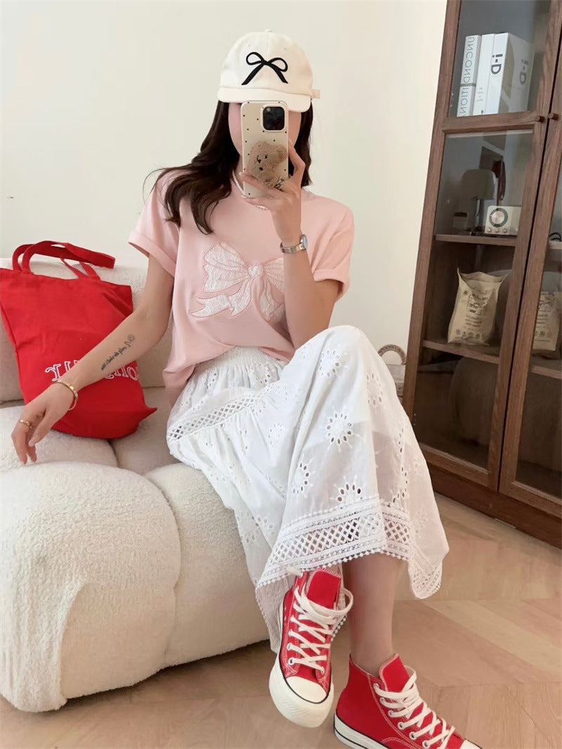 Base Cotton Water-washing Embroidery Bow Student Short Sleeve