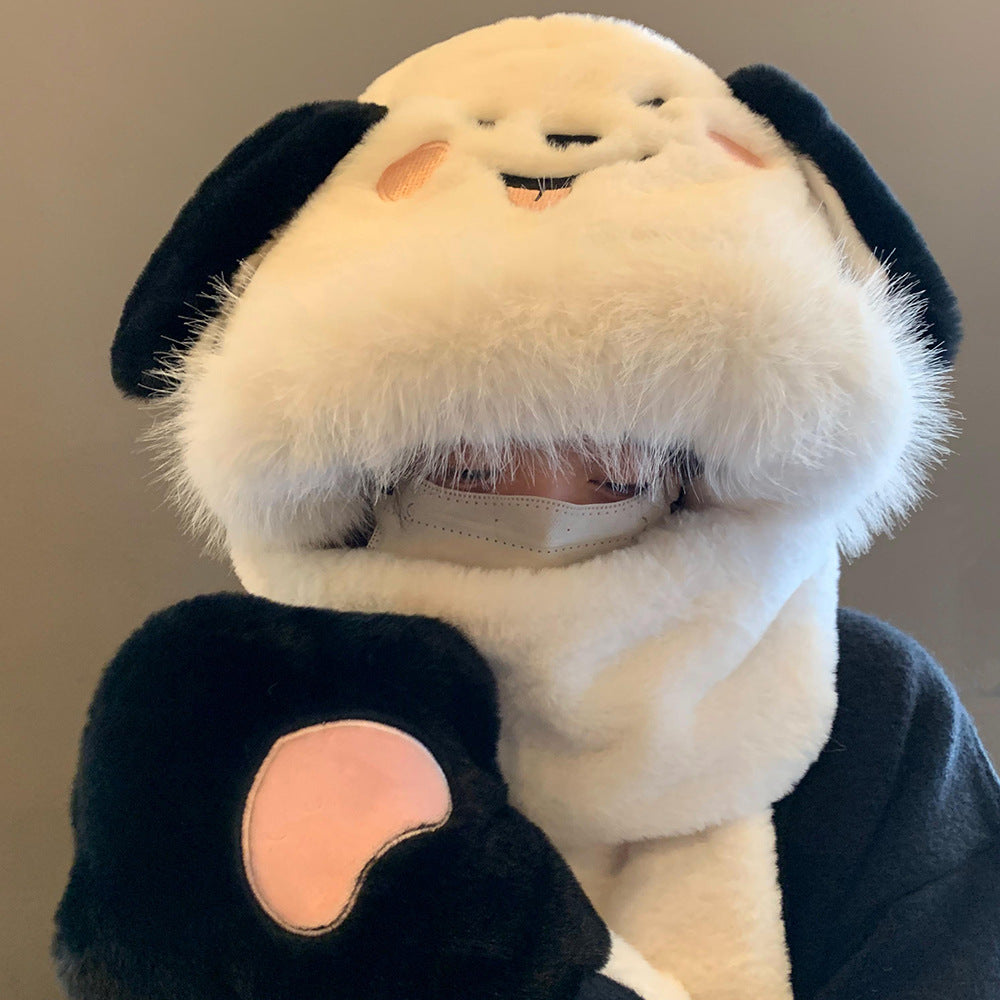 Cute Dog Winter Thickened Fleece Hat Scarf Gloves Integrated