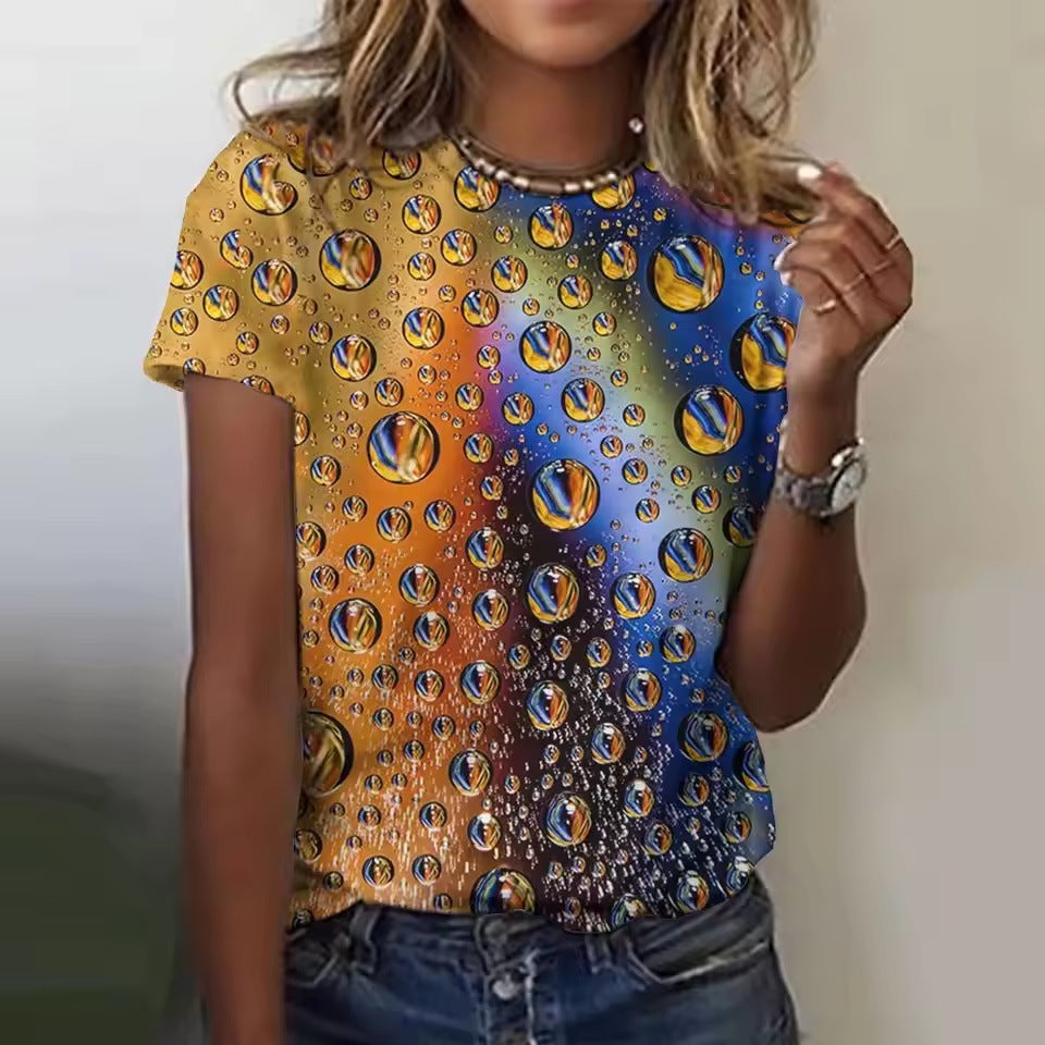 Women's Casual Short-sleeved Round Neck Colorful Water Drop 3D Printed T-shirt