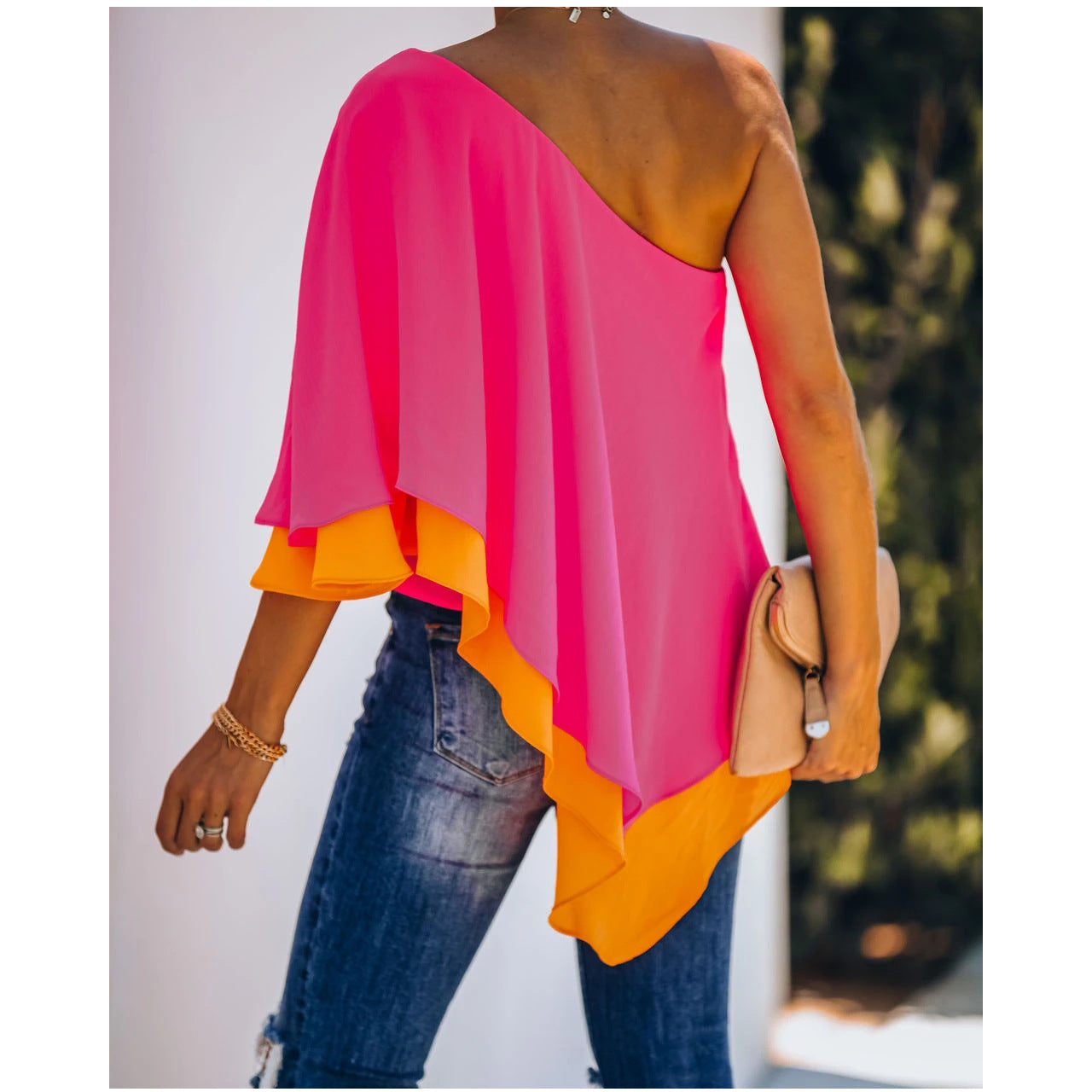 Ny Europæisk Dame Flere Lag Off-shoulder Top Personlig T-shirt