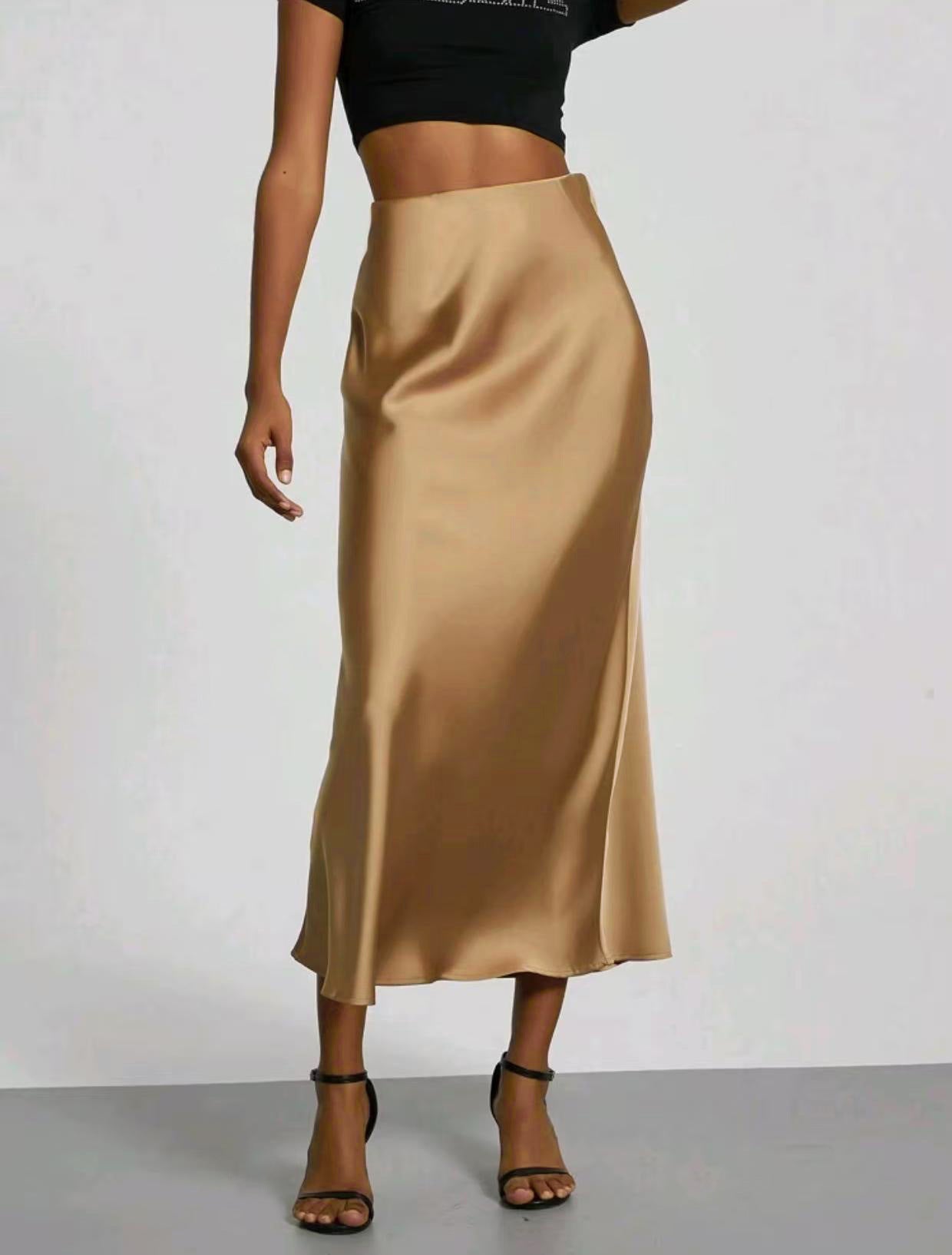 Dame Slim Fit Satin Nederdel Mode Smart Ensfarvet Lang Nederdel
