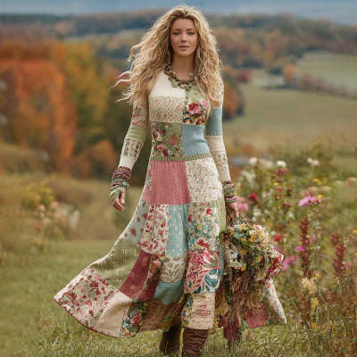 Womens Long-Sleeve Crew-Neck Patchwork Dress With Chunky Knit And Retro Cable Knit Details