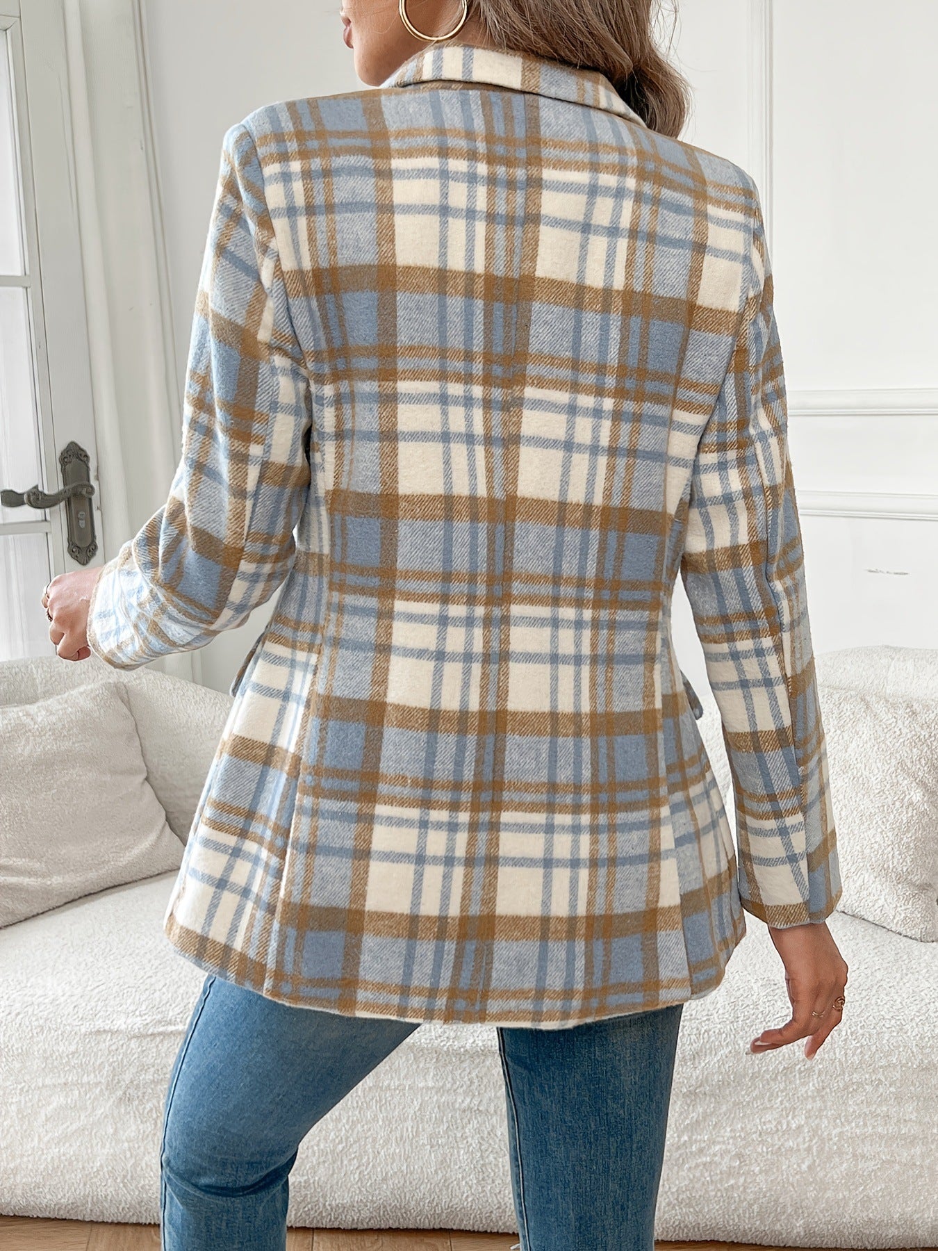 Plaid Button Front Lapel Blazer Elegant Long Sleeve Blazer