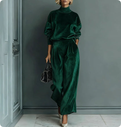 Casual Warm Velour Long-sleeved Solid Color High-neck Zipper Wide-leg Sportswear