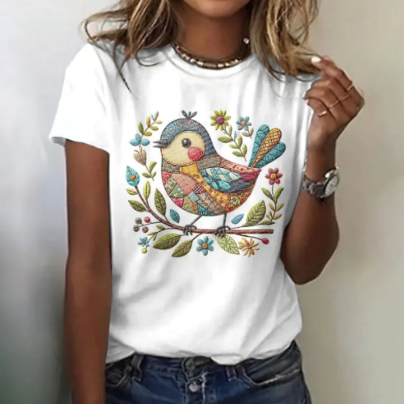 T-shirt til kvinder med vintage fugle- og blomsterprint, afslappet model