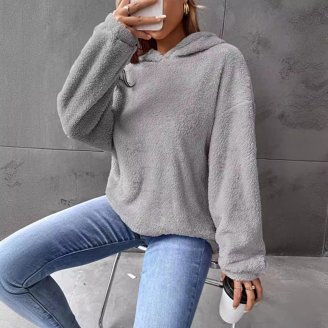 Enkel og moderne hættetrøje til kvinder i dobbeltlags fløjl, løstsiddende, langærmet sweatshirt