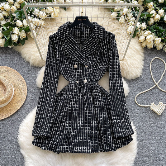 Vintage Double-breasted Waist-cinched Long-sleeve Dress