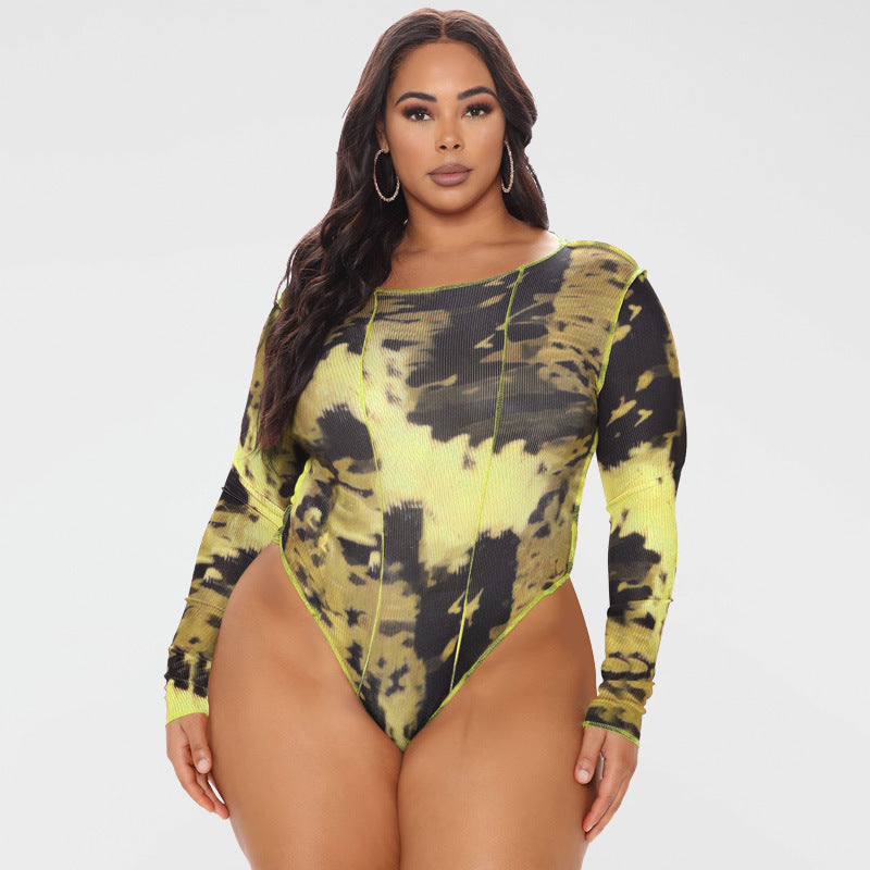 Women's Spring Round Neck Print Long Sleeves Tight Breasted Plus Size Jumpsuit