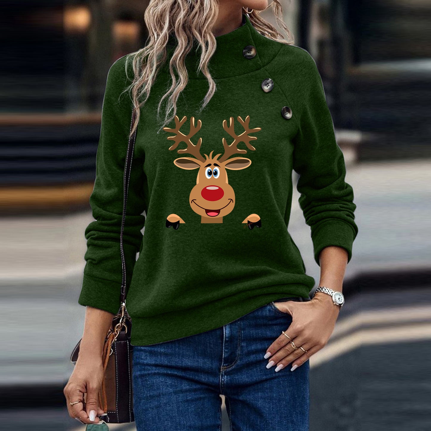 Deer Cartoon Turtleneck Buttons Loose Long Sleeve Sweatershirt Female
