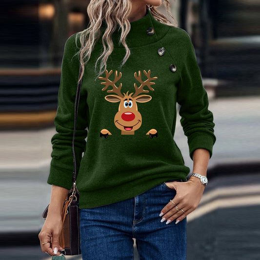 Deer Cartoon Turtleneck Buttons Loose Long Sleeve Sweatershirt Female