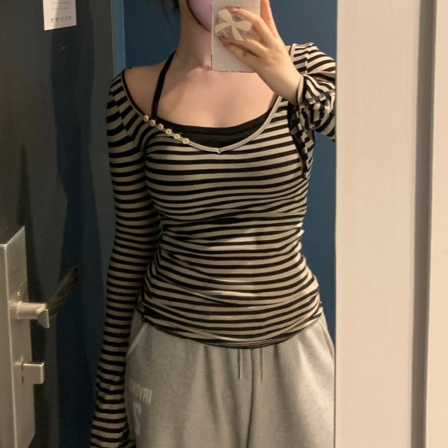 New European And American-style Striped Halter V-neck Slim-fit Long-sleeve Top
