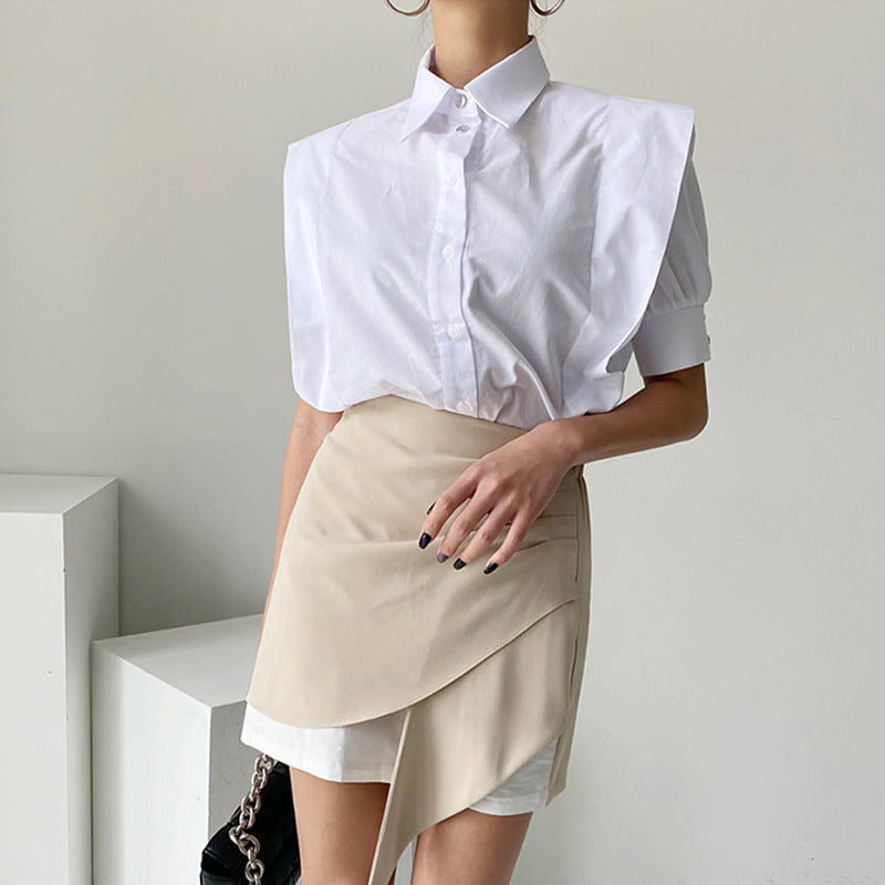 Single-breasted Loose Short Sleeve Shirt High Waist Irregular Sheath Skirt
