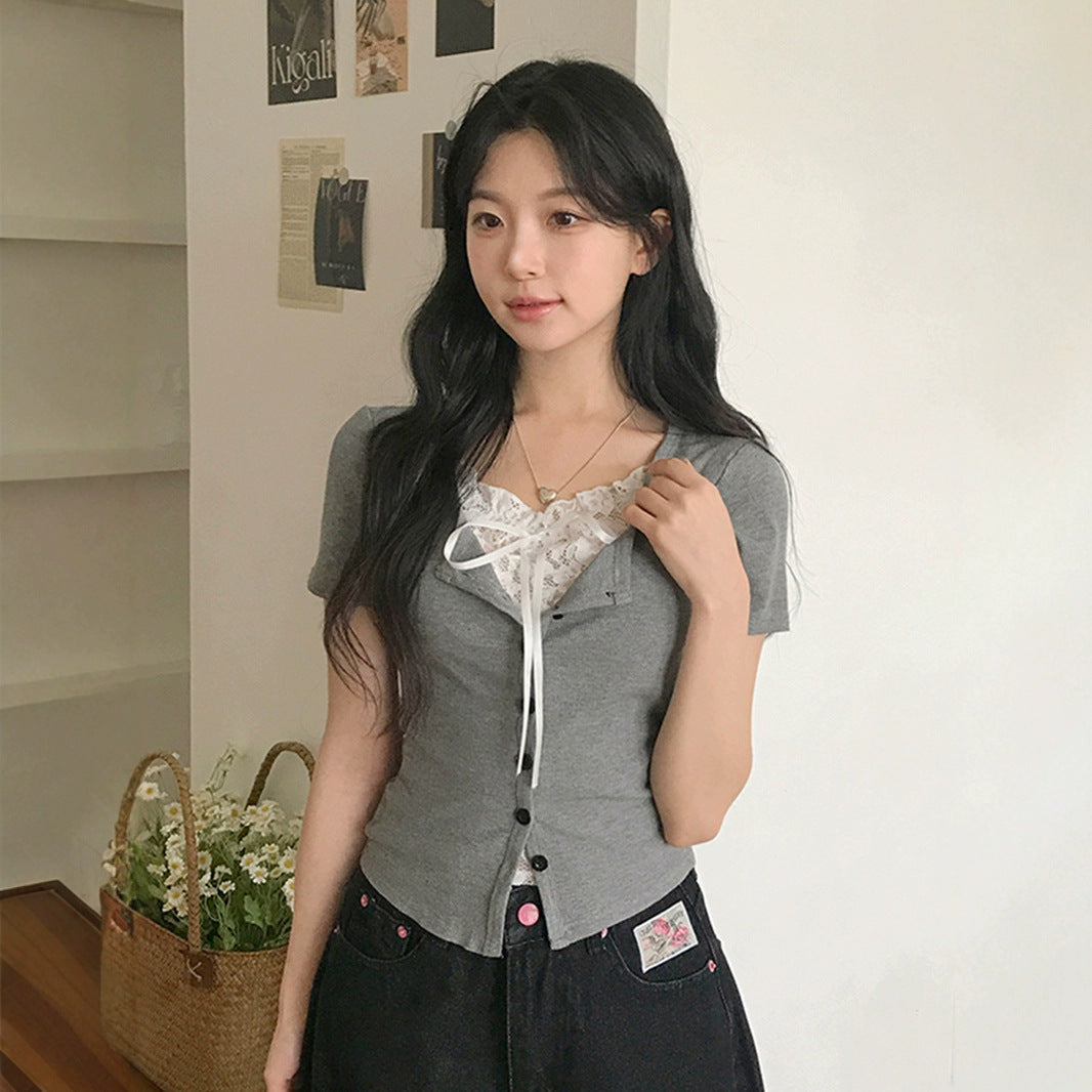 Pure Girl Lace Stitching Tied Square Collar Short Sleeve T-shirt