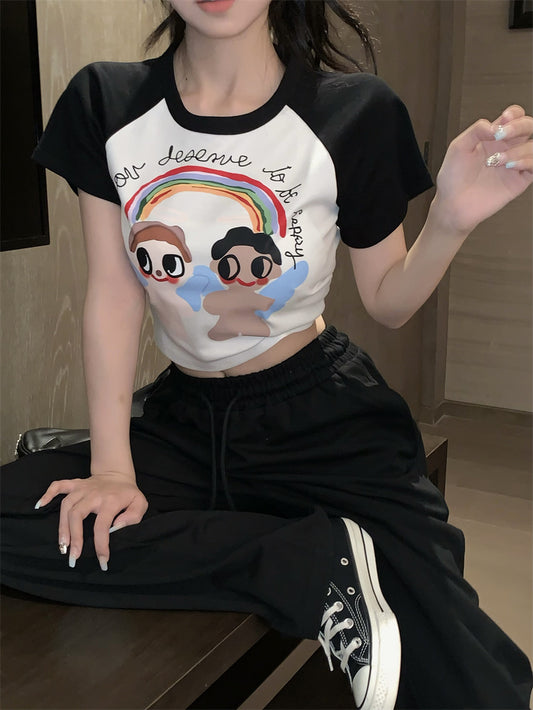 Women's Slim New White Cartoon Print Contrast Crew Neck T-Shirt