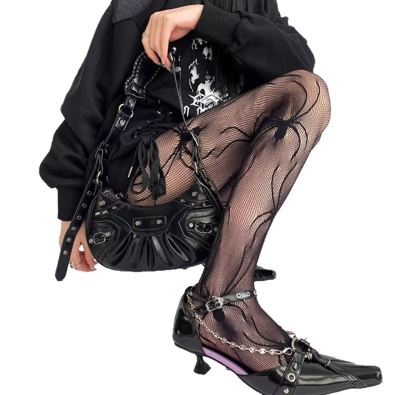 Base Lace Fishnet Gray Spider Pantyhose