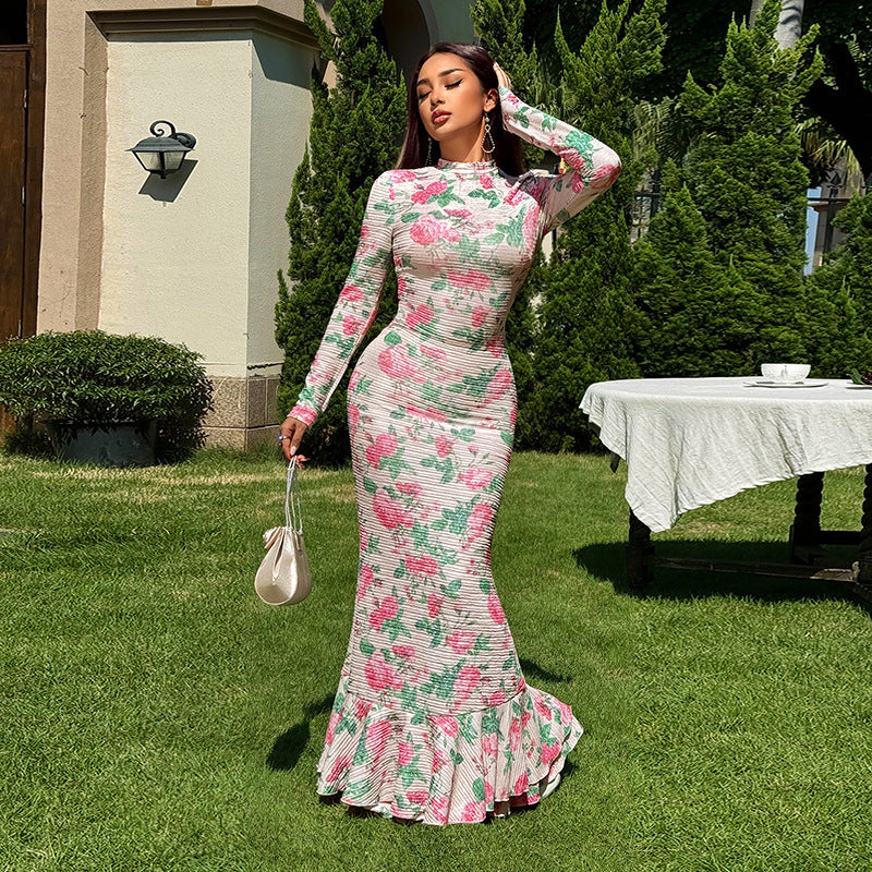 YJ24427 Elegant Long-Sleeved Slim-Fit Long Printed Dress
