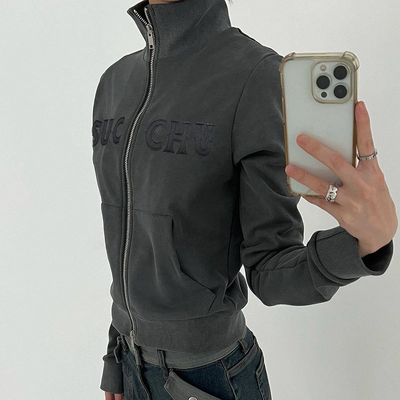 Letter Affixed Cloth Embroidered Zipper Knitted Cardigan