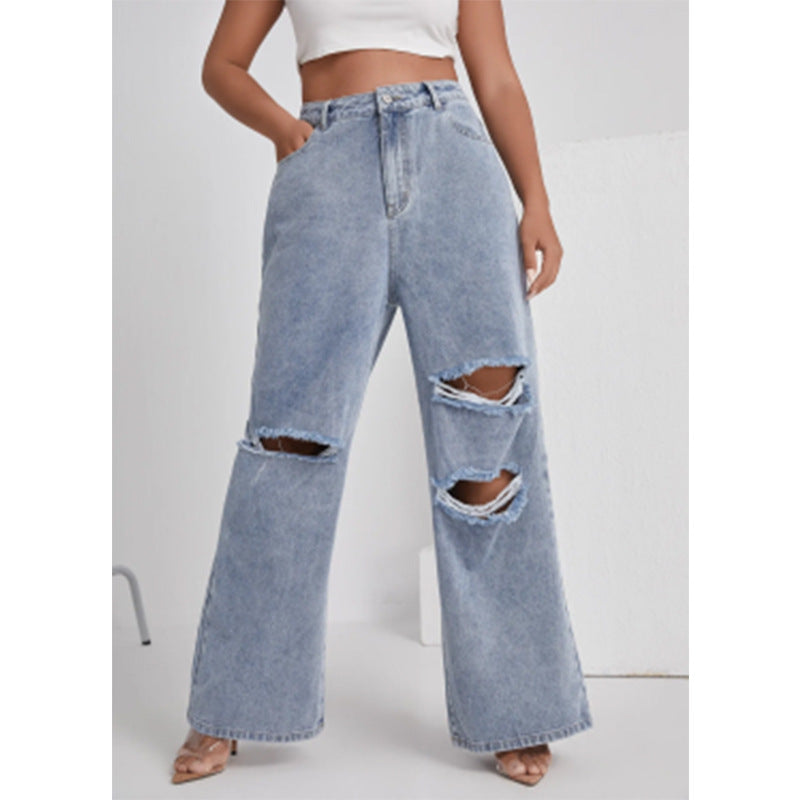 Dame-Denim Med Huller Høj Talje Lige Ben Bukser
