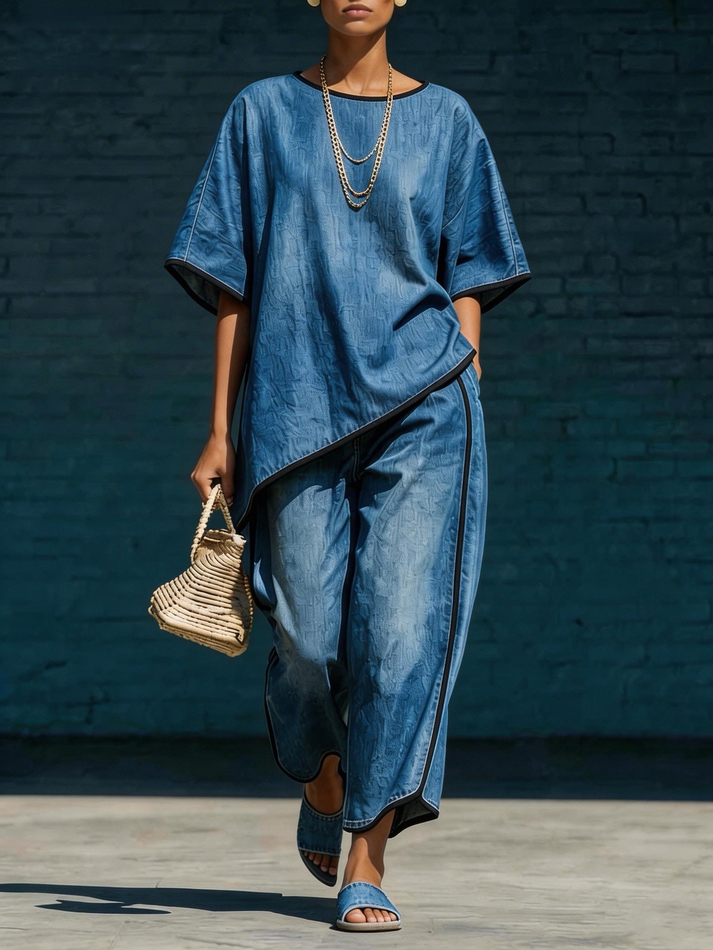 Elegant fritidssæt med vidde ben i denim-stil