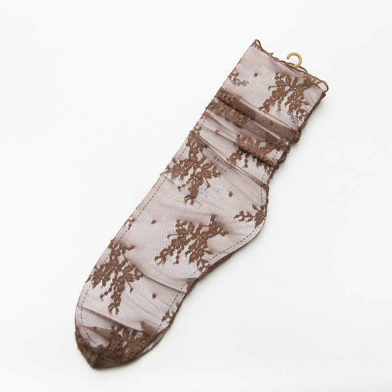 Spring And Summer New Women's Socks Sweet Japanese Solid Color Big Flower Hollow Stockings