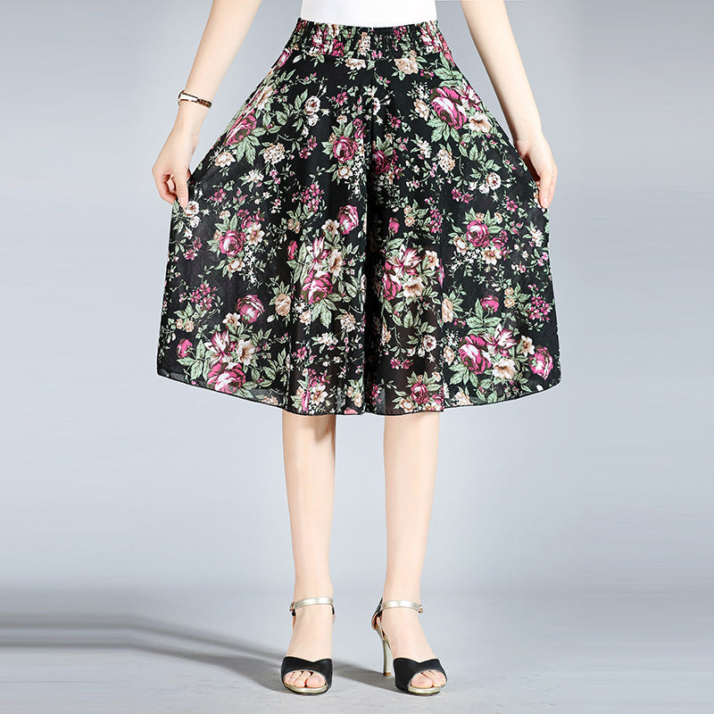 Summer Middle-aged And Elderly Women's Floral Elastic Waist Culottes