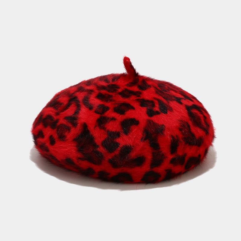 Rabbit Fur Beret Print Leopard Painter Hat Warm Bud