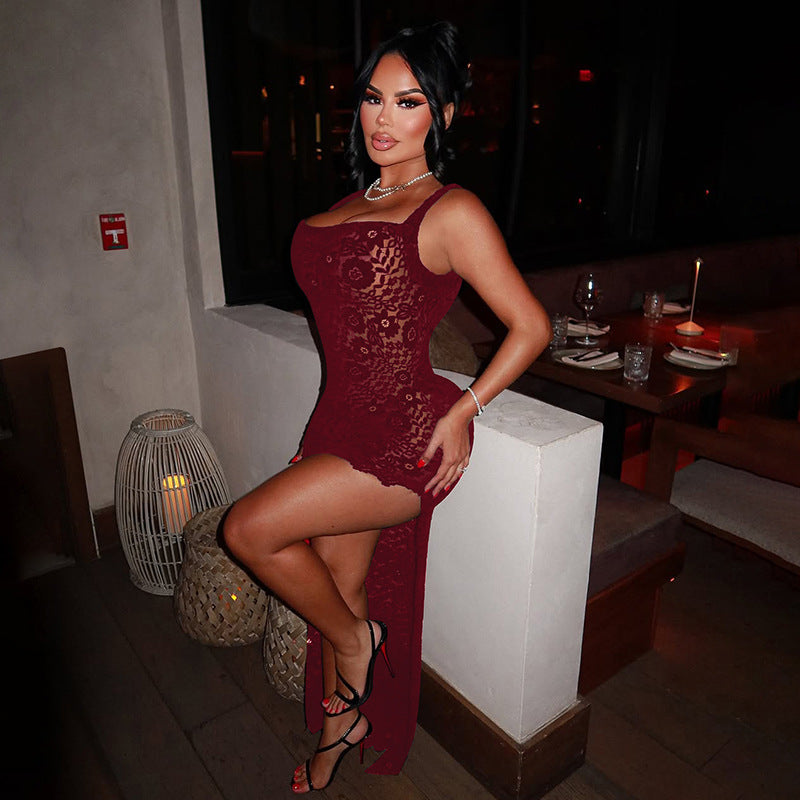 Sheer Lace Backless Skirt Dress