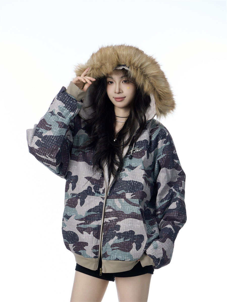 American Vintage Army Green Camouflage Fur Collar Hood Jacket