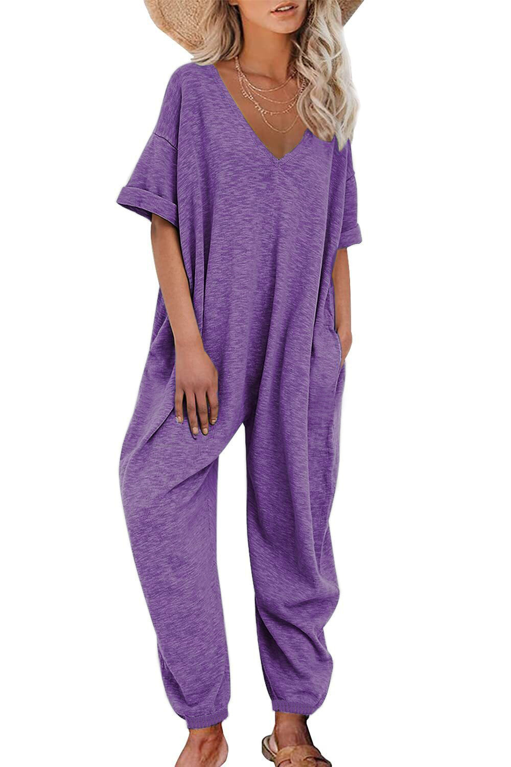 Solid Color V-neck Jumpsuit Half Sleeve Ankle-tied Loose