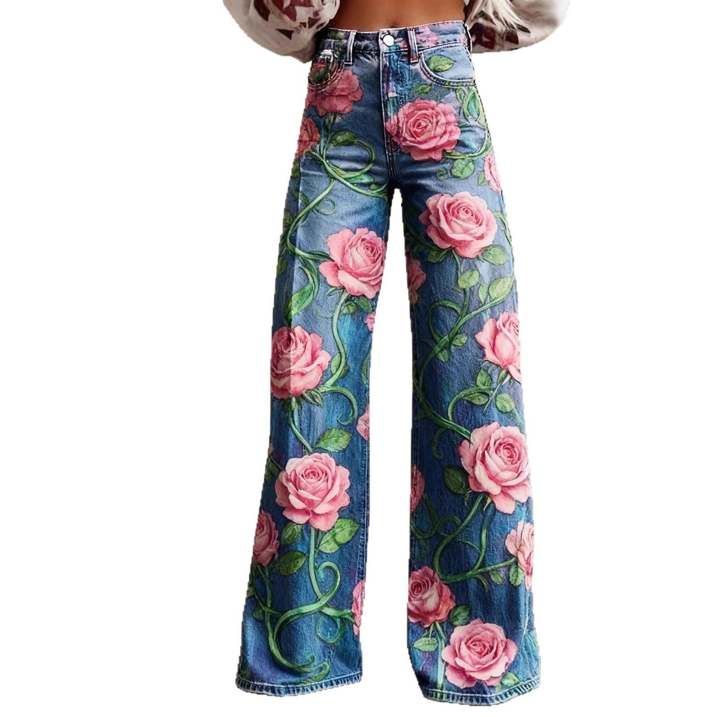 Floral-patterned Slim-fit Faux Denim Wide-leg Pants