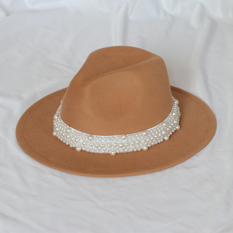 Handmade Pearl Top Hat Big Brim Fur Felt Hat