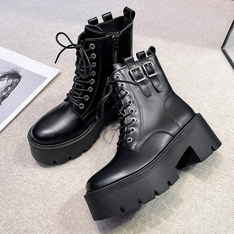 Women's British Style Lace-up Leather Motorcycle Martin Boots