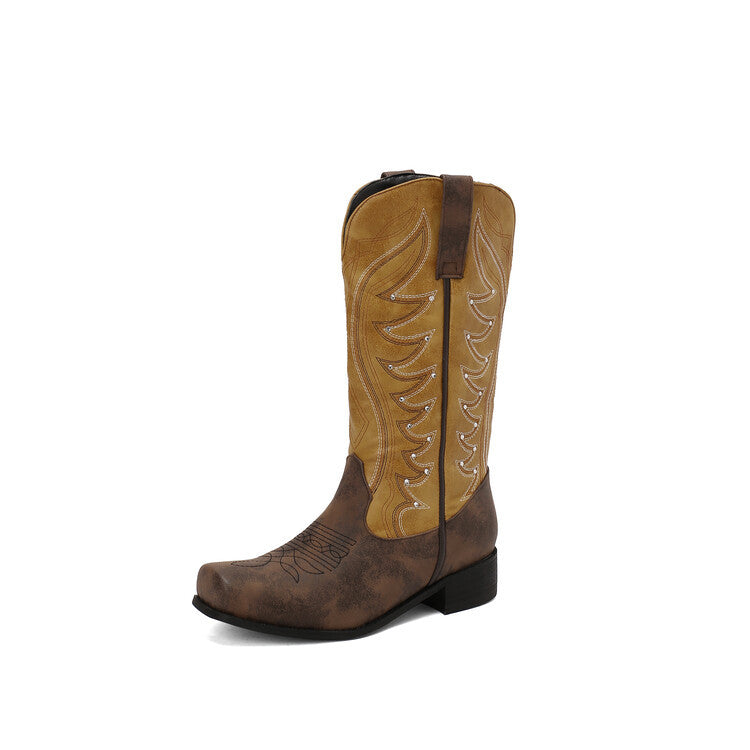 West Embroidered Denim Totem Square Toe Mid-heel High Leg Boot