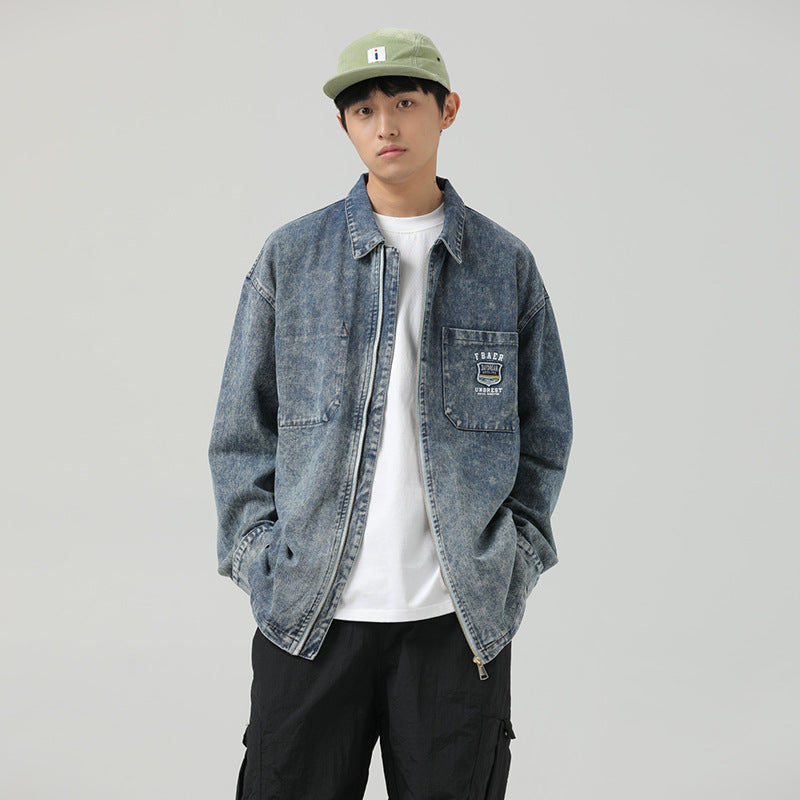 Retro Washed Distressed Zipper Couple Casual Denim Coat