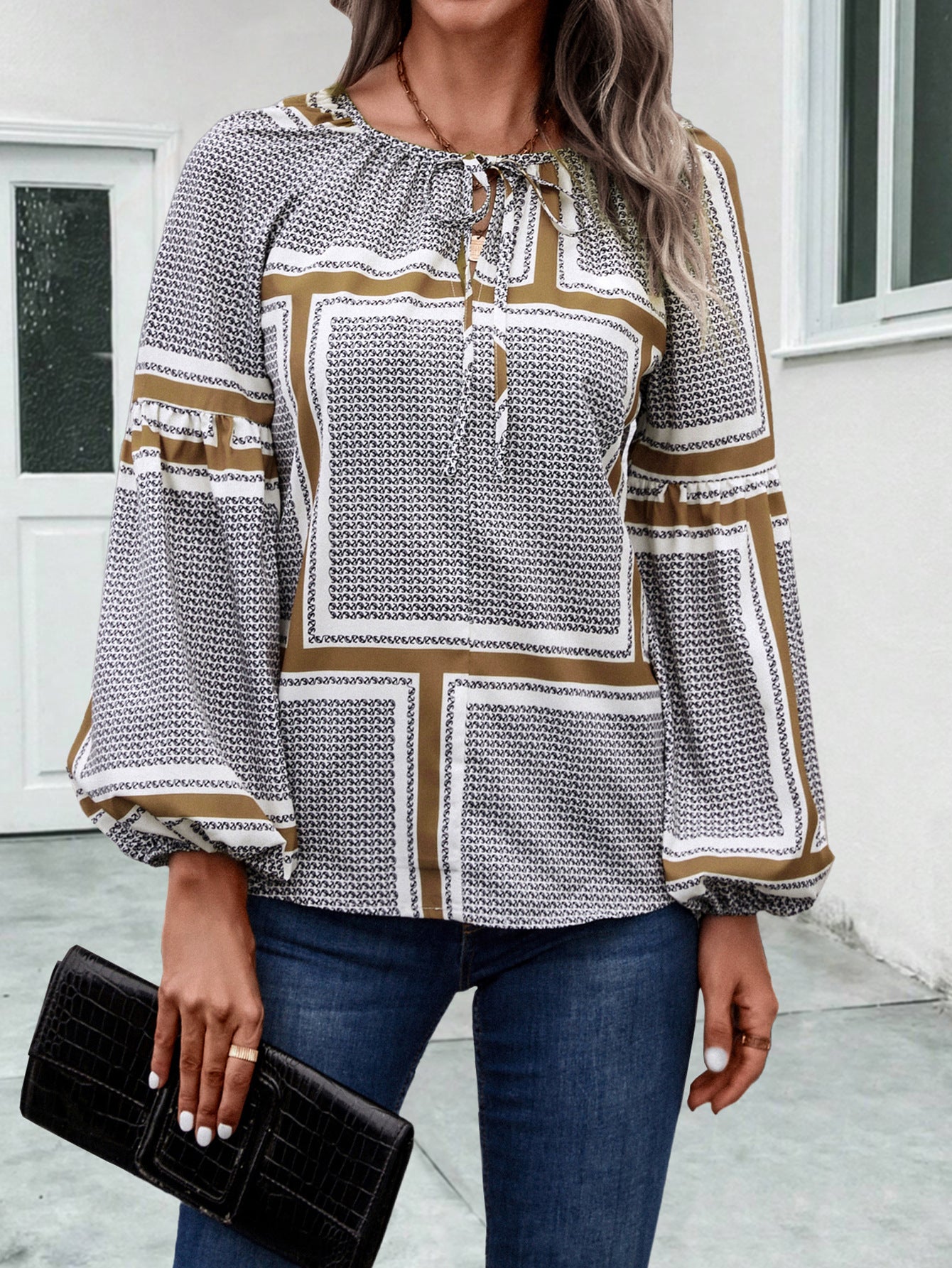 Fashion Lantern Sleeve Printed Shirt Women's Clothing
