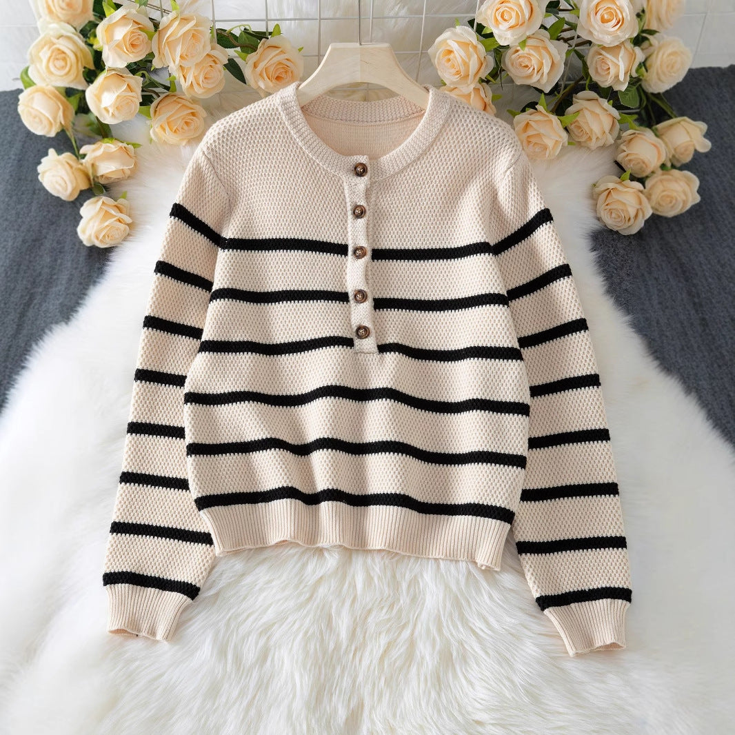 Stribet Pullover Top Mode Cardigan Med Knapper Striktrøje Kvinder
