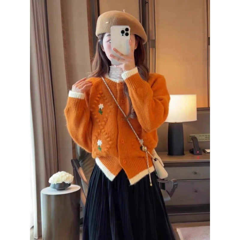 Embroidered Flower Sweater Coat For Women