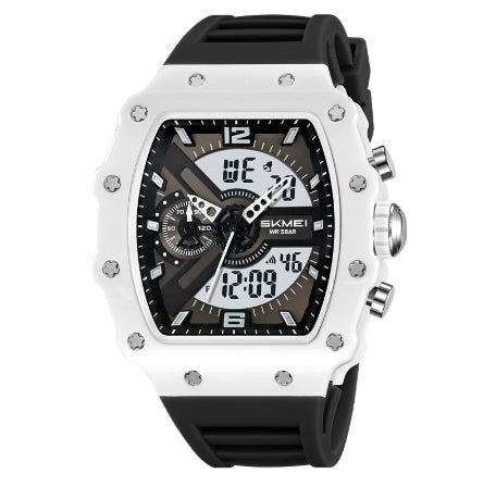 Multifunctional Mens Watch With Dual Displays Featuring A Stylish Barrel-shaped Case