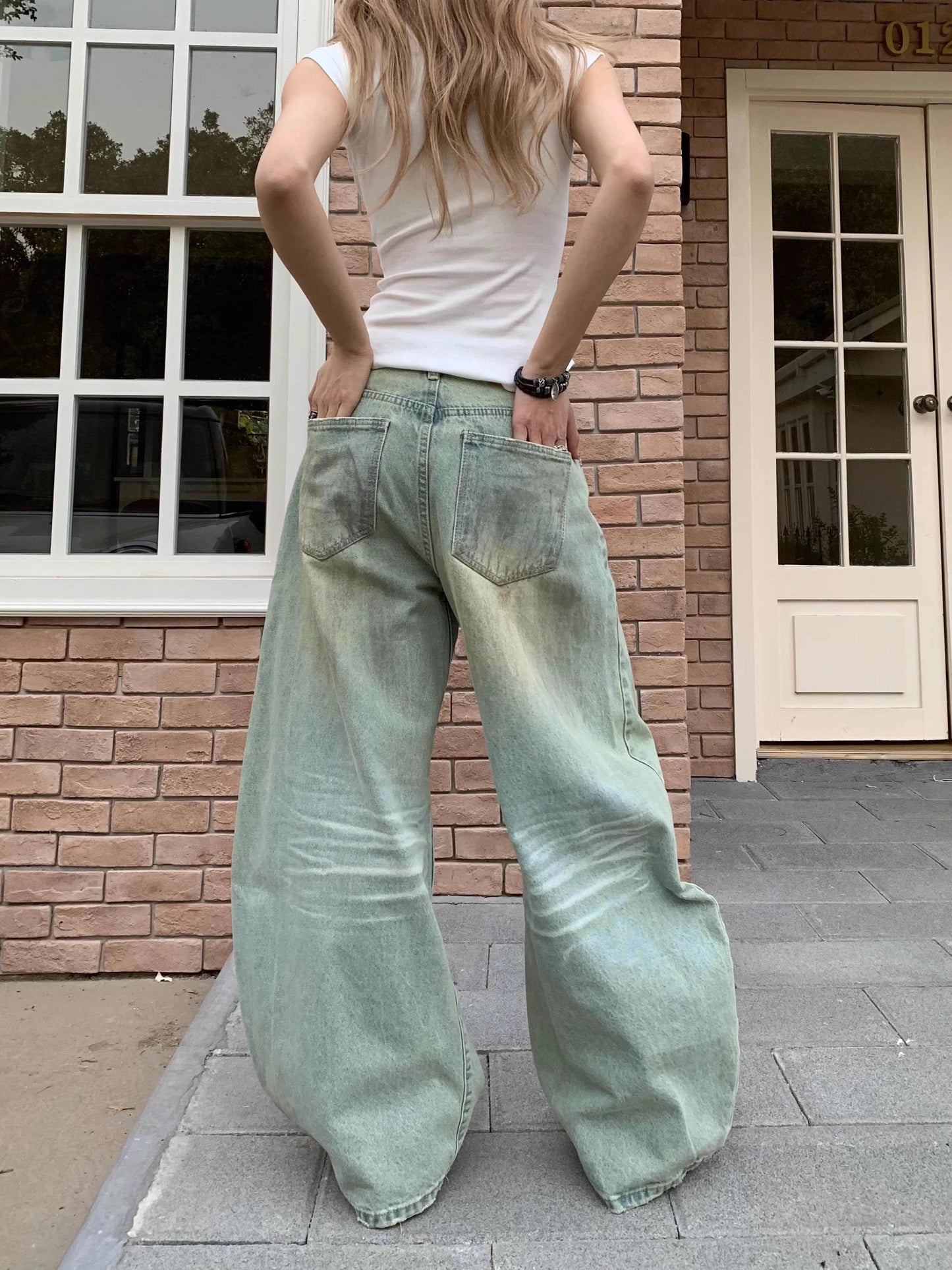 Retro Style Sickle Jeans Women's Loose Casual Wide-leg Pants