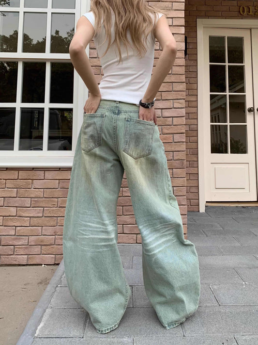Retro Style Sickle Jeans Women's Loose Casual Wide-leg Pants