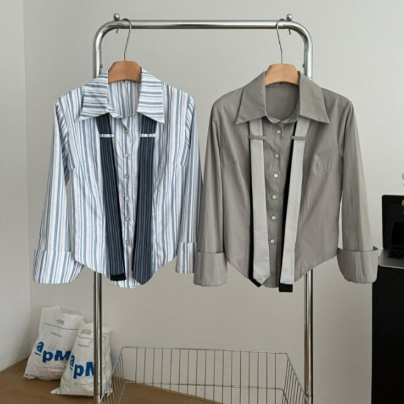 Preppy Style Double Tie Bell Sleeve Lapel Shirt