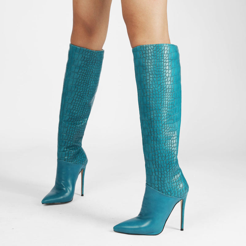 Women's High Gloss Crocodile Print Stiletto Boots Silent