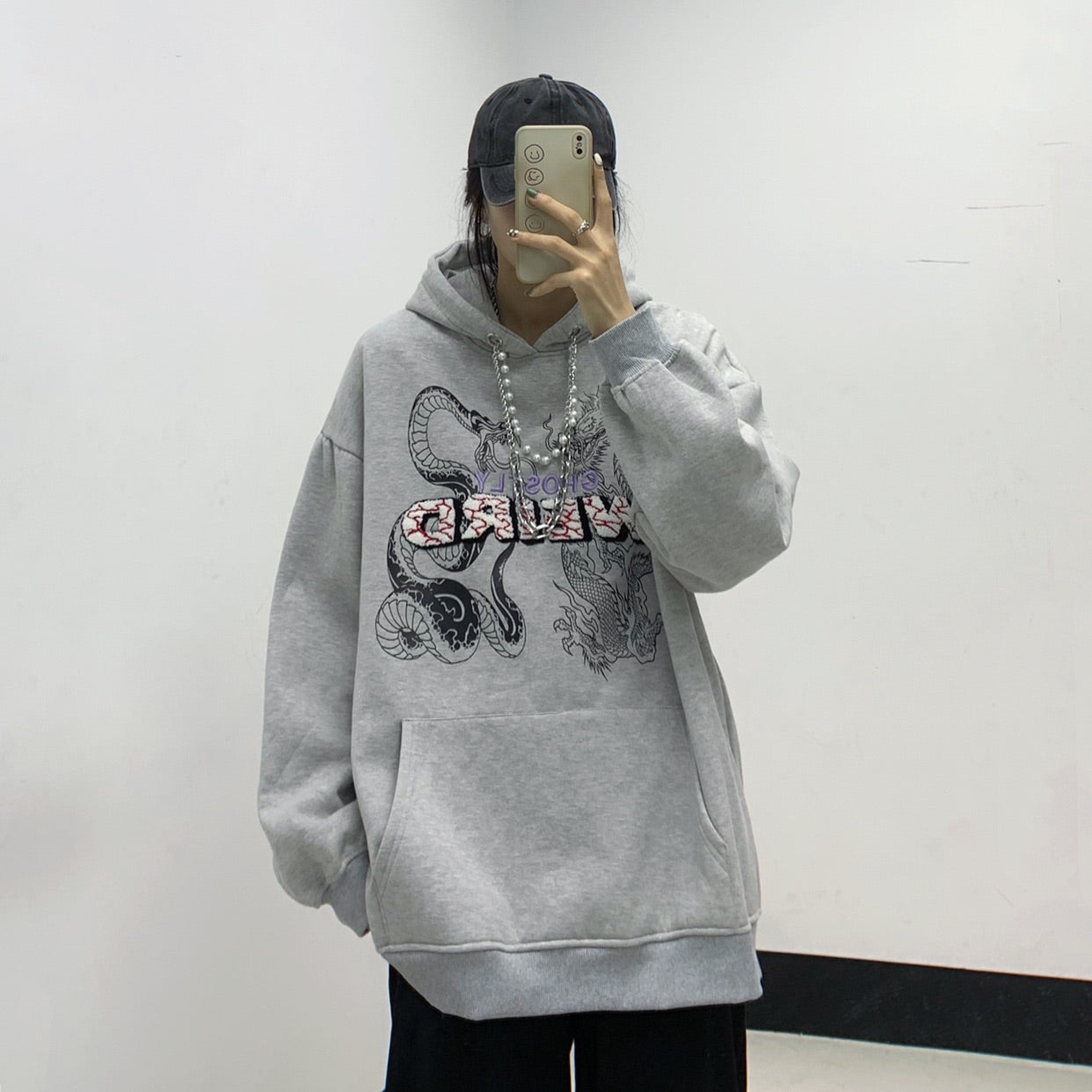 Hip Hop Dragon Fleece Hoodie Necklace Sweater