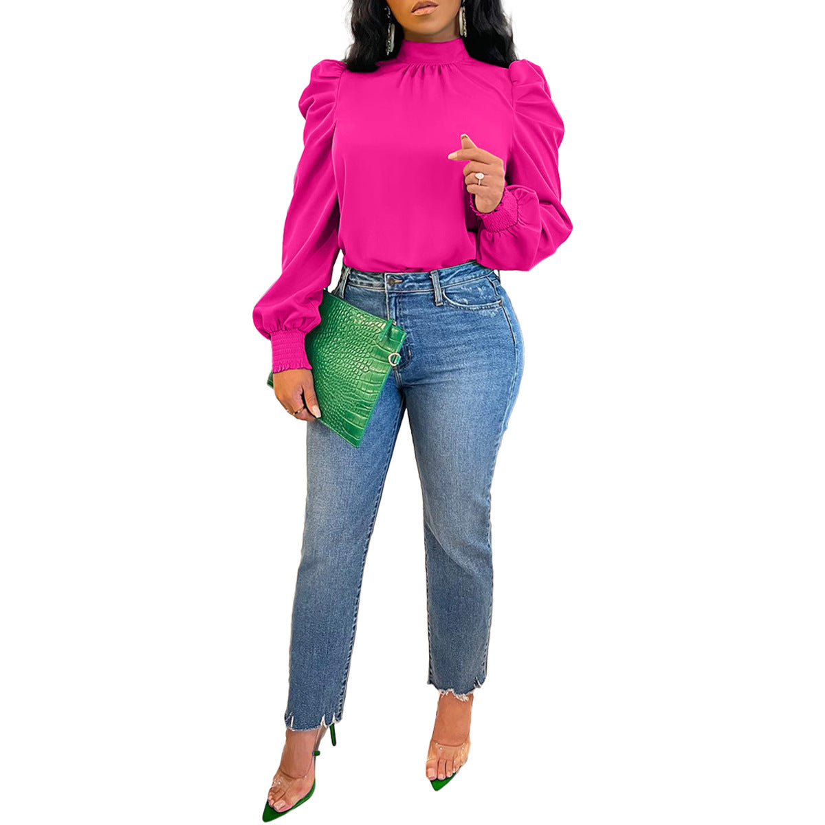 Stand Collar Puff Sleeve Back Lace-up Top