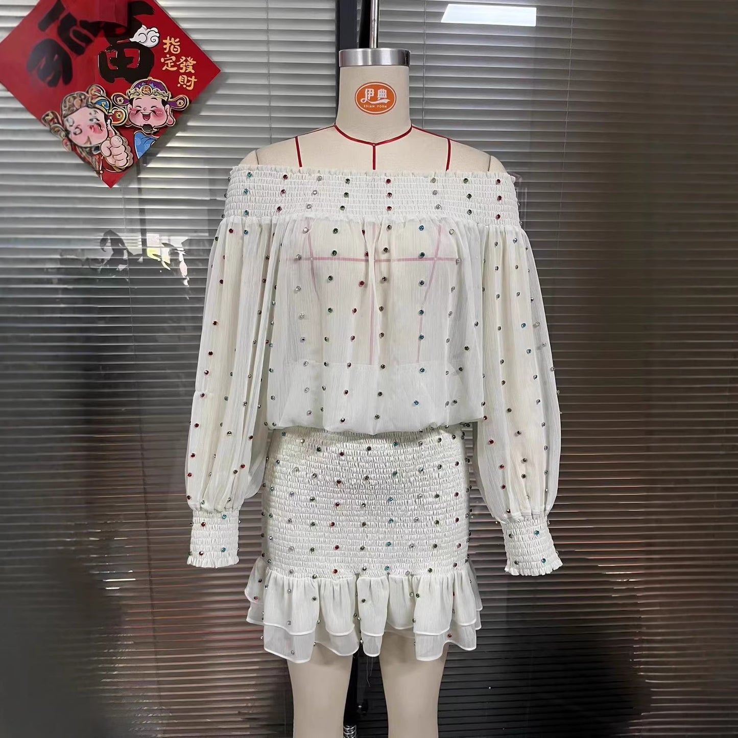 French-style Colored Diamond Mesh Ribbon Shirt Dress