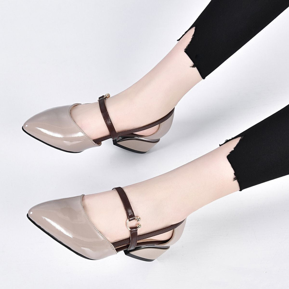 Women's Hollow Toe Block Heel Patent Leather Sandals