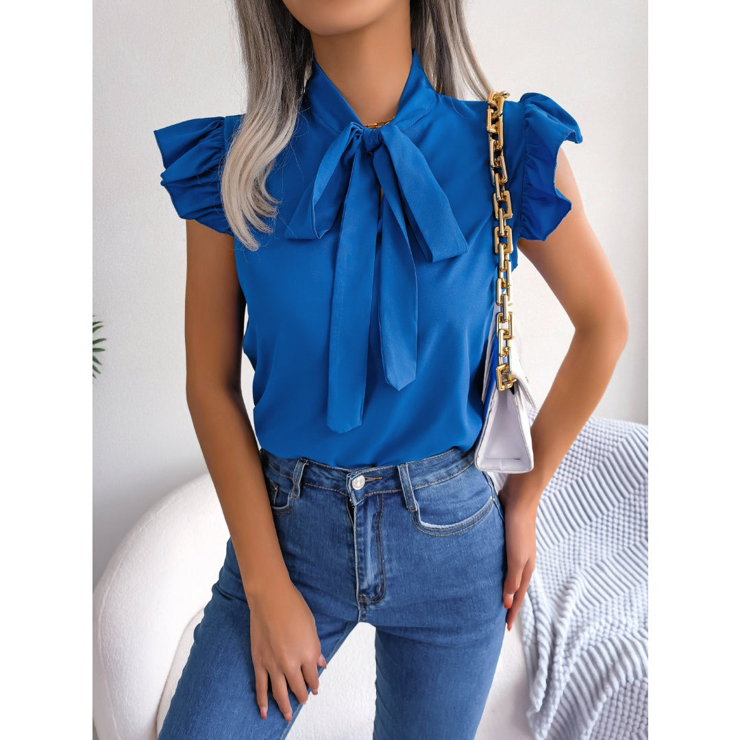 Women  Elegant Commute Ruffle Trim Tie Bow Chiffon Top